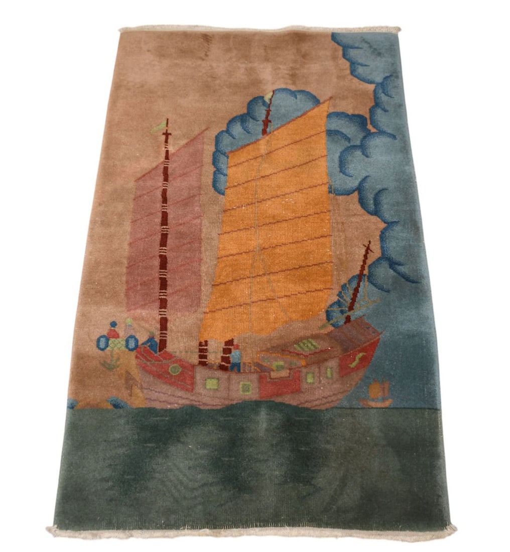 Chinese Rug / Carpet, Pictorial Sail Boat Scene Carpet, 4'4" x 2'6": Chinese Rug / Carpet, Pictorial Sail Boat Scene Carpet, 4'4" x 2'6"