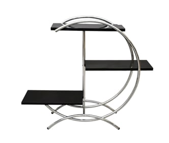 Art Deco Style Metal Etagere “C” Shape with three graduated black shelves, H. 31” X W.