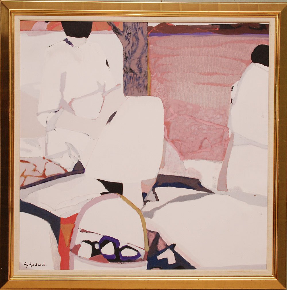 Gabriel Godard (French b. 1933 - ) oil on canvas, Abst: Gabriel Godard (French b. 1933 - ) oil on canvas, Abstract titled "Pique - Nique" 39" x 39" in gold leaf frame
