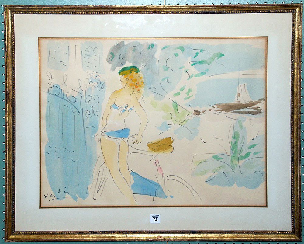 Marcel Vertès (FRENCH, 1895-1961) Watercolor, figure wi: Marcel Vertès (FRENCH, 1895-1961) Watercolor, figure with bicycle, signed in pencil ll, 20" x 26"