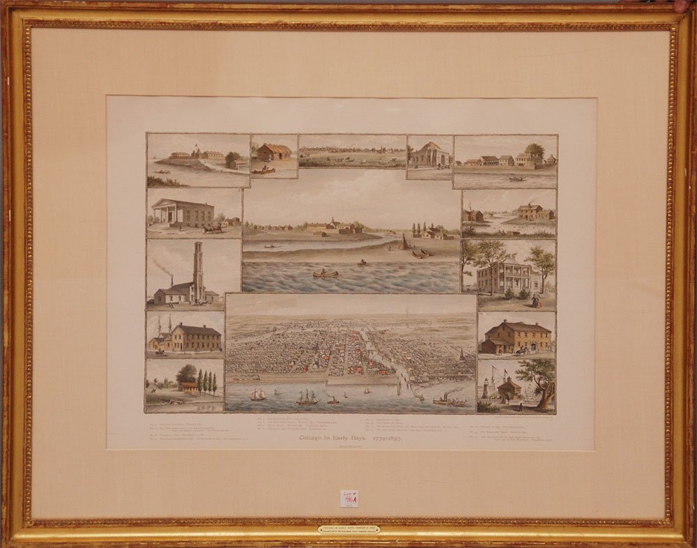 Old Print of Chicago, "Chicago in early Days" 1799-1857: Old Print of Chicago, "Chicago in early Days" 1799-1857, plaque on front inscribed "Chicago in the early days- Currier & Ives Collection of the Northern Trust Company Chicago".