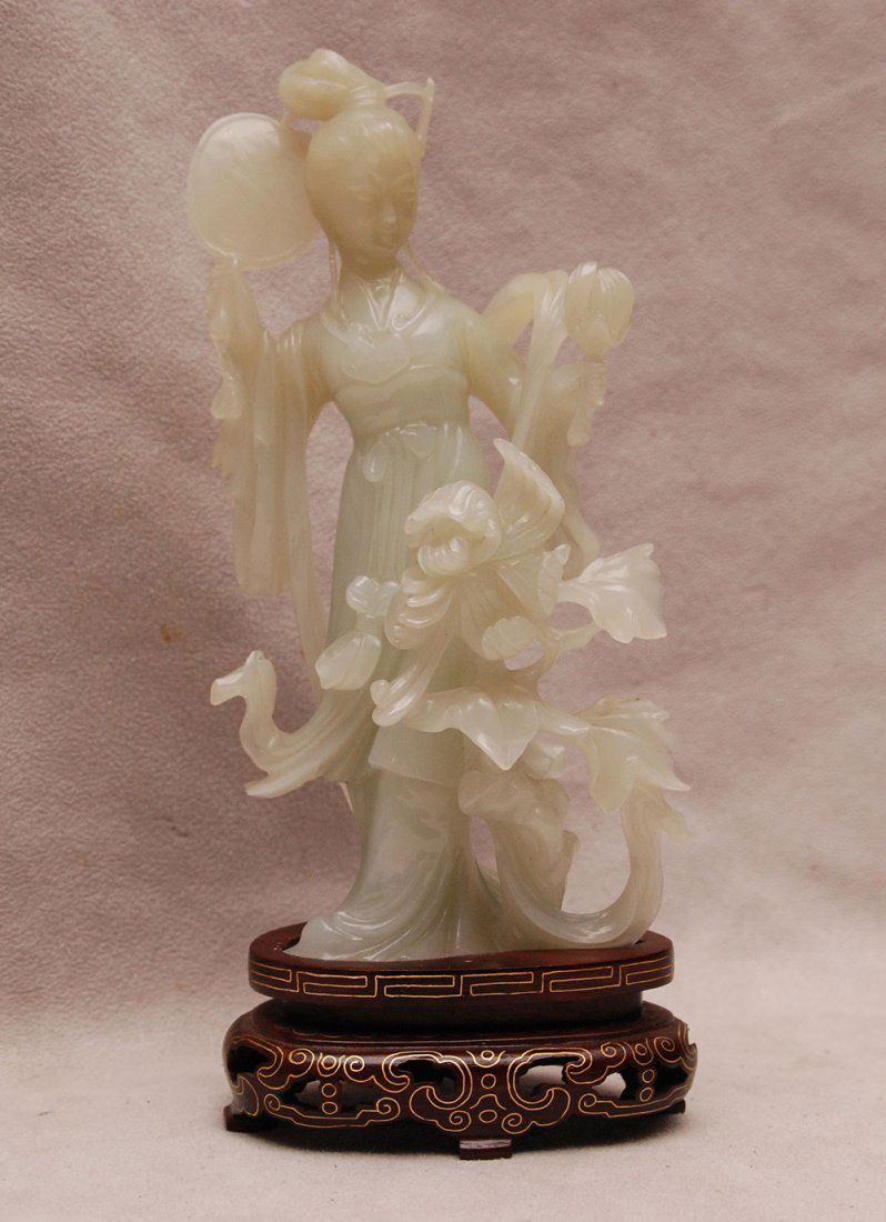 Chinese jade carving of Quan Yin with fan and flowers, : Chinese jade carving of Quan Yin with fan and flowers, 5 3/4"h x 3"w