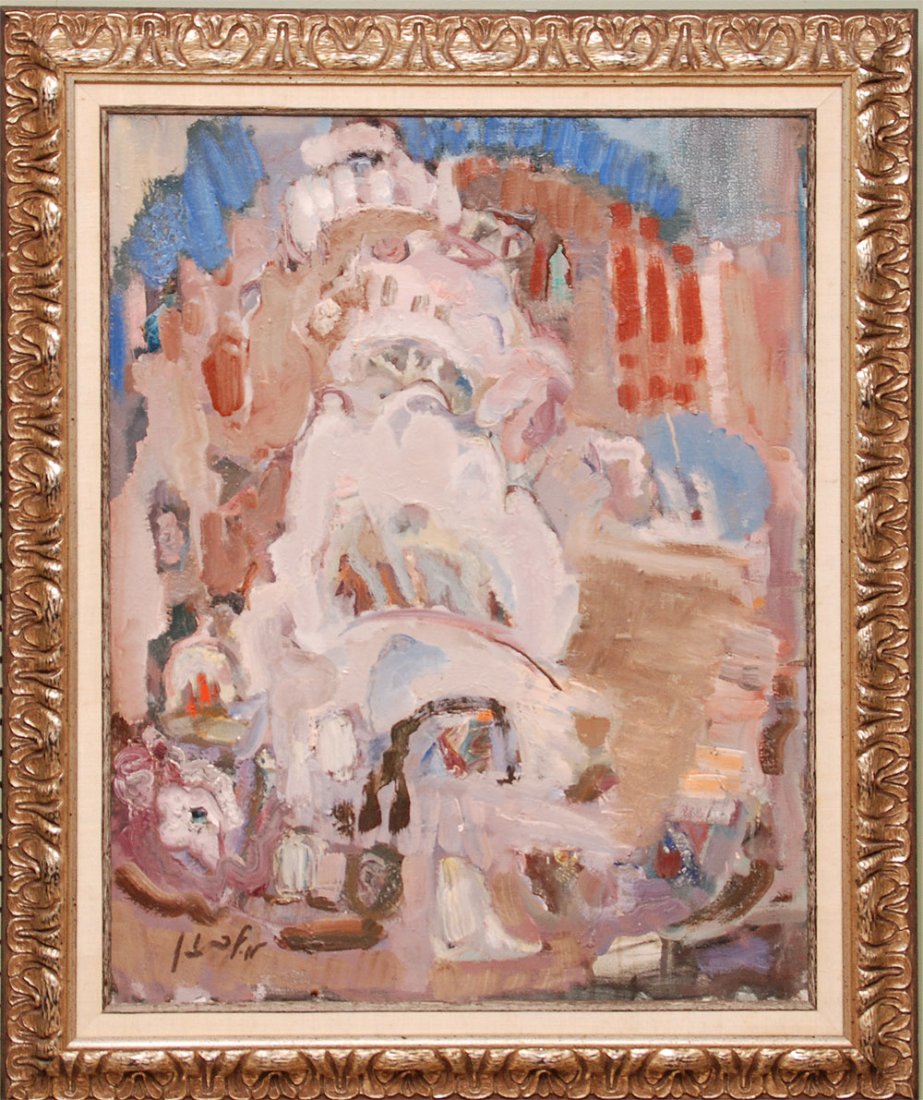 Mordechal Levanon (Israeli 1901-1968) oil on canvas, ab: Mordechal Levanon (Israeli 1901-1968) oil on canvas, abstract of Jerusalem, signed lower left, gold composition frame, 1962, canvas size is approx. 29" x 22" Engel gallery label on verso