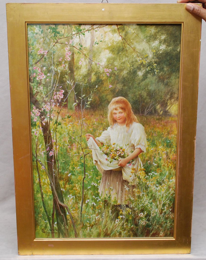 Alfred Augustus Glendening (British 19th Century) Water: Alfred Augustus Glendening (British 19th Century) Watercolor, Picking Flowers, dated 1895, 24" x 16"