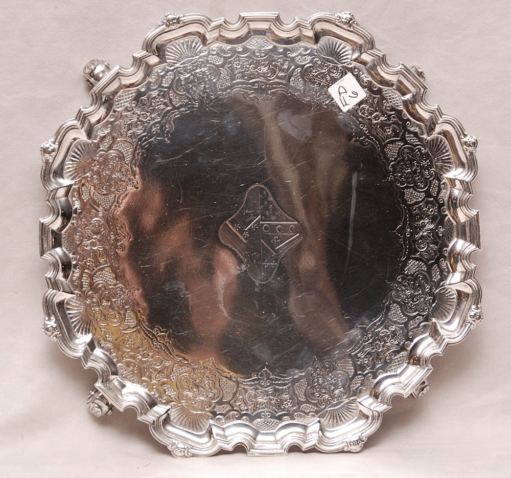 Antique English hallmarked silver Georgian tray, 1734, : Antique English hallmarked silver Georgian tray, 1734, Chippendale rim on 4 snail feet, 63ozt, 12"h x 16"L