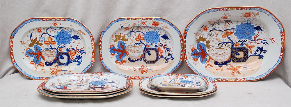 Early 19th c, 9 graduated impressed Mason's Ironstone: Early 19th c, 9 graduated impressed Mason's Ironstone platters, (3) 12 3/8"L, (2) 11 3/8" and (2) 10 1/8" and 8"L & 14"L