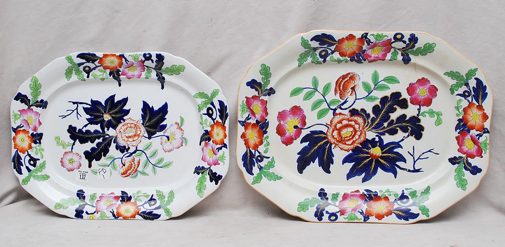 Early 19th c, 2 Graduated Ironstone China (in blue) pl: Early 19th c, 2 Graduated Ironstone China (in blue) platters, 16 1/8" x 12 1/2" AND 19" x 14 3/8" (large one has early staple repair)