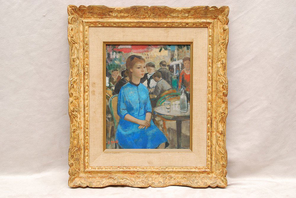 Francois Gall (French 1912 - 1987) oil on canvas, Port: Francois Gall (French 1912 - 1987) oil on canvas, Portrait of girl in blue seated in Café, 10-3/4" x 8-3/4"