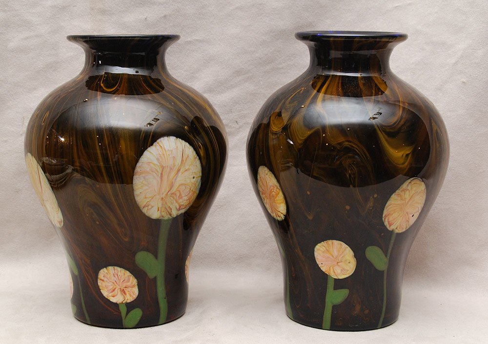 Pair of cased Murano floral vases, 9 7/8"h: Pair of cased Murano floral vases, 9 7/8"h