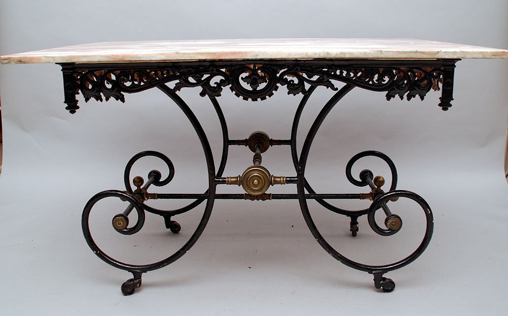 French pastry iron base table with pink grey marble, 30: French pastry iron base table with pink grey marble, 30 3/4"h x 34"w x 52"L