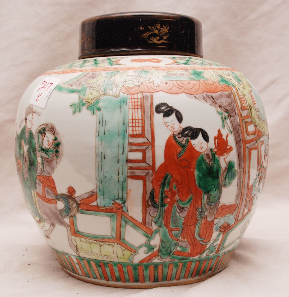 Good 18th/19th Century Famille Verte Ginger Jar. Depict: Good 18th/19th Century Famille Verte Ginger Jar. Depicting in high relief a departing courtly Lord scene on front and seldom seen butterflies on back side. 9" diam x 8" h.
