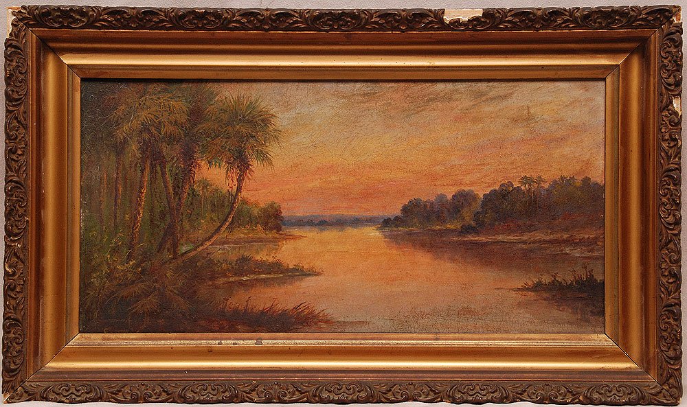 Florida School signed Sullivan, "sunset river landscape: Florida School signed Sullivan, "sunset river landscape" painting size 10" x 19"