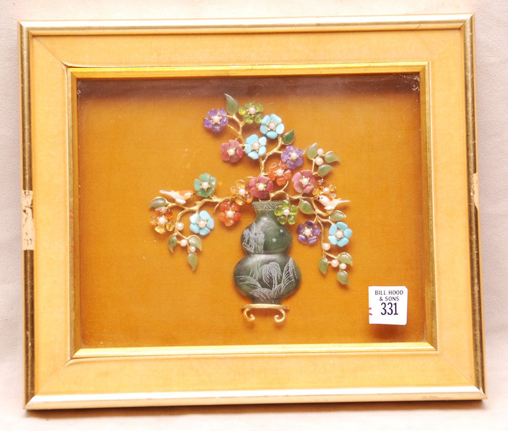 Chinese Jade carved Ming tree in shadow box frame, 6"h: Chinese Jade carved Ming tree in shadow box frame, 6"h x 5"w