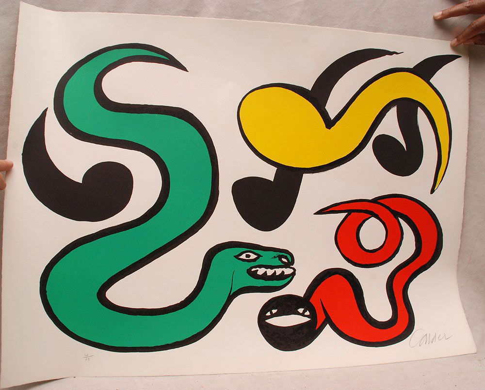 Alexander Calder Lithograph in colors pencil signed: Alexander Calder Lithograph in colors on Arches paper with Maeght water mark, 1973 "Coulers au choix", Signed & numbered in pencil 46/75 COA from N. Isen Phila. 22-3/4in x 30-3/4in overall good condit