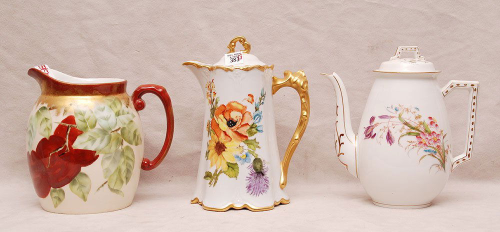 3 pcs, incl; D&C coffee pot (8 3/4"h) coffee pot (9 1/: 3 pcs, incl; D&C coffee pot (8 3/4"h) coffee pot (9 1/2"h) scotch tape remnants to rim AND "T&V France" pitcher (7 7/8"h)
