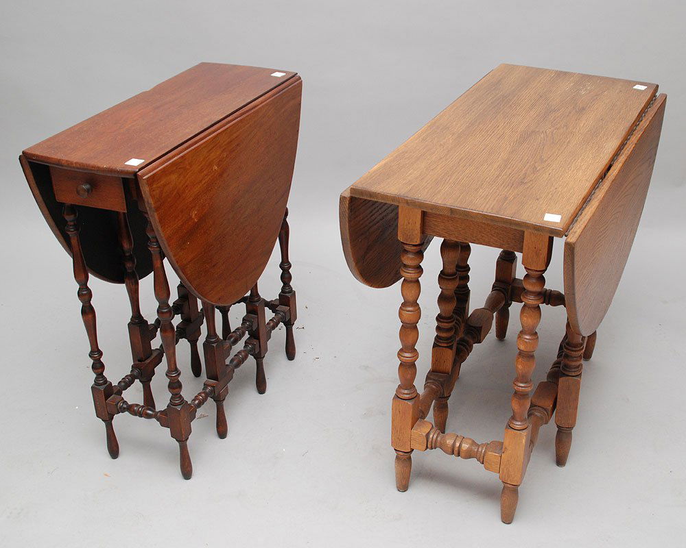 2 drop leaf gate leg tables, oak on turned legs, mahogn: 2 drop leaf gate leg tables, oak on turned legs, mahognay with drawer, 29 1/4"h one table, other 30"h