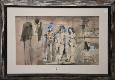 JUAN ANTONIO RODA (Espana/Columbia 1921-2003) Mid century Mixed media gouache painting 3 nudes