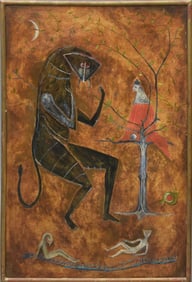 Vintage oil on canvas Primitive Surreal Creature no visible signature on front, on verso marked "L C