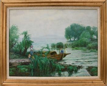 Zeng Shaoqiang Oil on Canvas Chinese Landscape with boat and family signed lower right, signed and