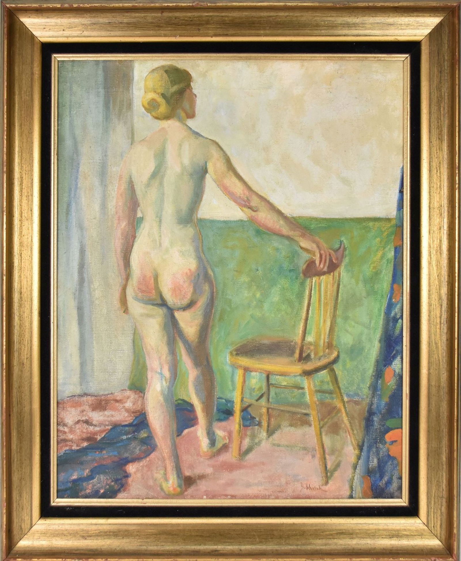 Joseph Hirsch (American 1910 - 1981) oil on relined canvas, Nude Art model by chair signed lower: Joseph Hirsch (American 1910 - 1981) oil on relined canvas, Nude Art model by chair signed lower right. "J. Hirsch" 20 x 24 inches, overall size 30 x 25 inches.