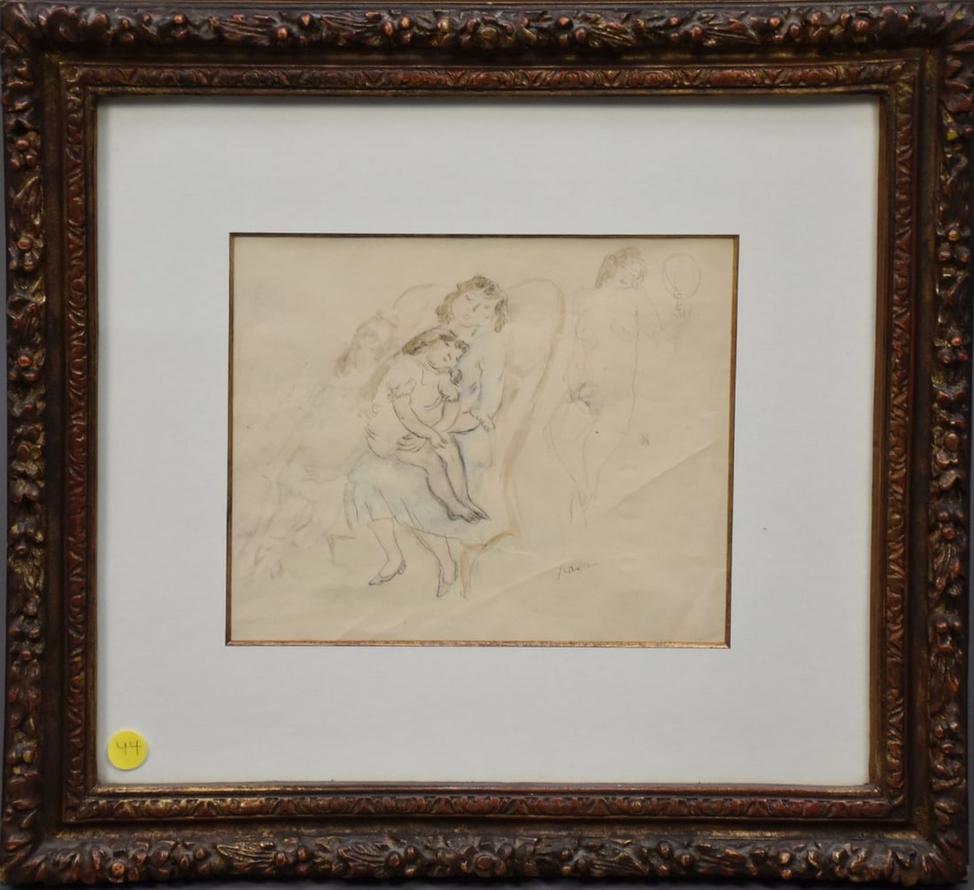Jules Pascin (French, 1885-1930) Drawing- watercolor on paper, Sleeping mother and Daughter signed: Jules Pascin (French, 1885-1930) Drawing- watercolor on paper, Sleeping mother and Daughter signed lower right, Galerie de la presidence Paris label on verso sight 10 x 8 inches. Overall size 17" x 19