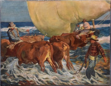 School of Joaquin Sorolla (Spain 1863 - 1923) oil on canvas, Return from Fishing, Unsigned. 27-1/4 x