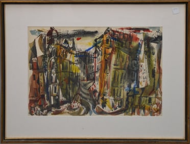 MEL SILVERMAN Watercolor Paris 1955 Modernist Paris Street scene 14-1/2 x 21-1/2 inches, framed
