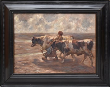 August Kaufhold (GERMAN, 1884-1955) Oil on Canvas, Dutch maid with two oxen in front of a wide