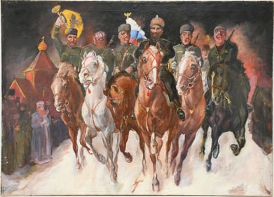 Attributed to Jean Pougny (Ivan Puni) (Russian/French) Oil on Canvas, Soldiers on Horseback in