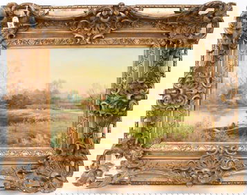 Herbert King (United Kingdom 19/20th century) Antique oil on canvas painting, country side with