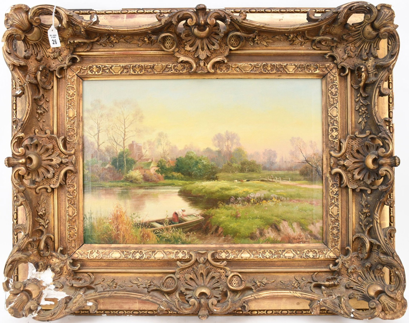 Herbert King (United Kingdom 19/20th century) Antique oil on canvas painting, country side with: Herbert King (United Kingdom 19/20th century) Antique oil on canvas painting, country side with girl in row boat, Signed lower Right 15 1/2" x 22" canvas, 34" x 27 1/2" overall (Frame has some damage)