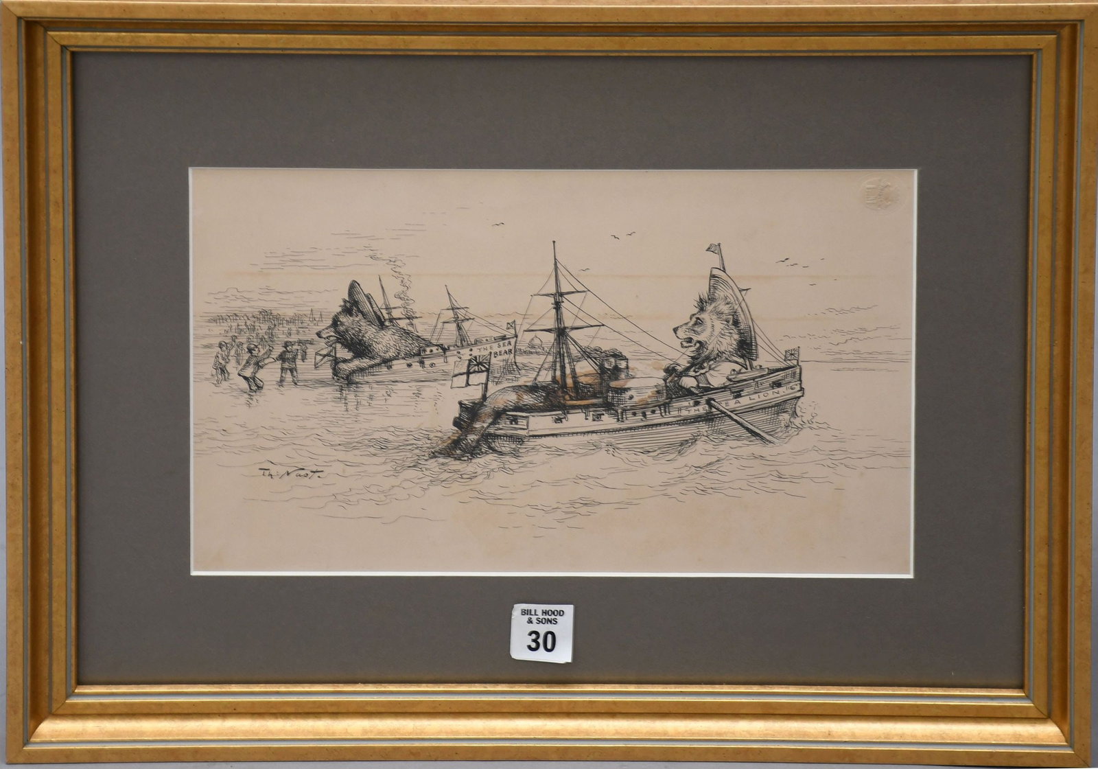 Thomas Nast (American, 1840 - 1902). Pen and Ink drawing on Bristol Board, The Sea lion and the sea (1 of 6)