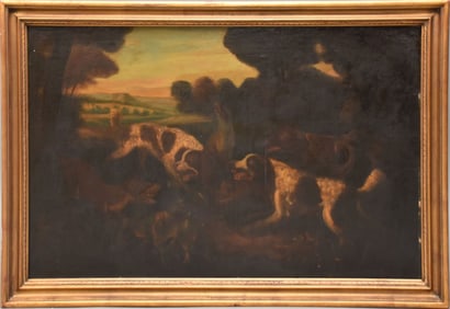 18th/19th Century Dogs, oil on relined canvas, painting 26 x 41 inches. overall framed 29 x 45