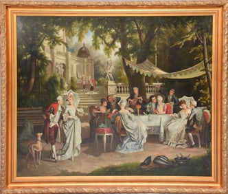 After Karl Schweninger - "The Garden Party?? Very Large oil on canvas Signed Lawson in red paint at