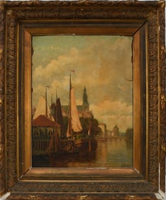 Johannes Frederik Hulk ll, Oil On canvas laid on Panel, Dutch Canal Scene, 17 x 22 inches (PAINTING