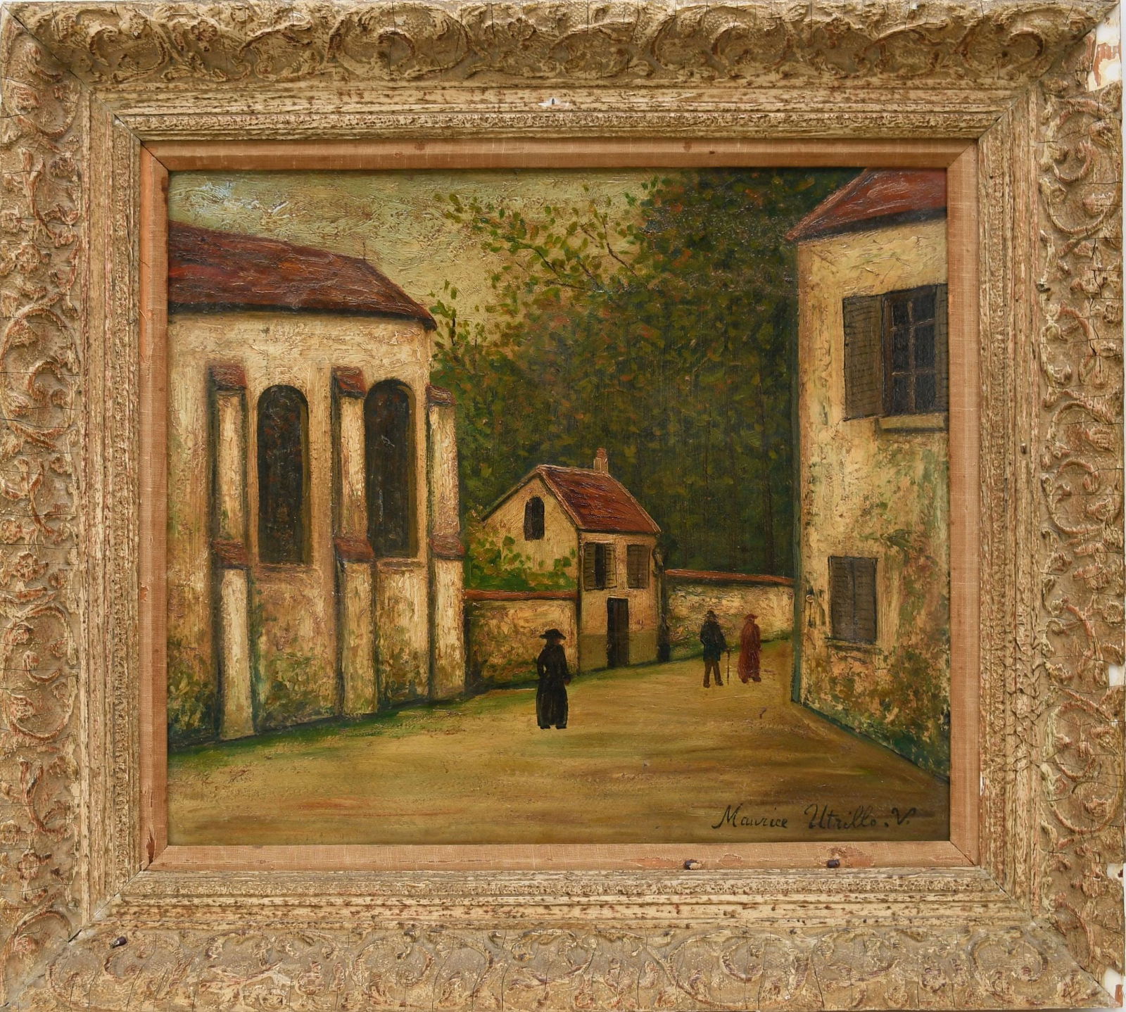 Attributed to: Maurice Utrillo, Oil on Board Village Street with Figures Panel size 18.5" x 21": Attributed to: Maurice Utrillo, Oil on Board Village Street with Figures Panel size 18.5" x 21" Frame size 27"x29"