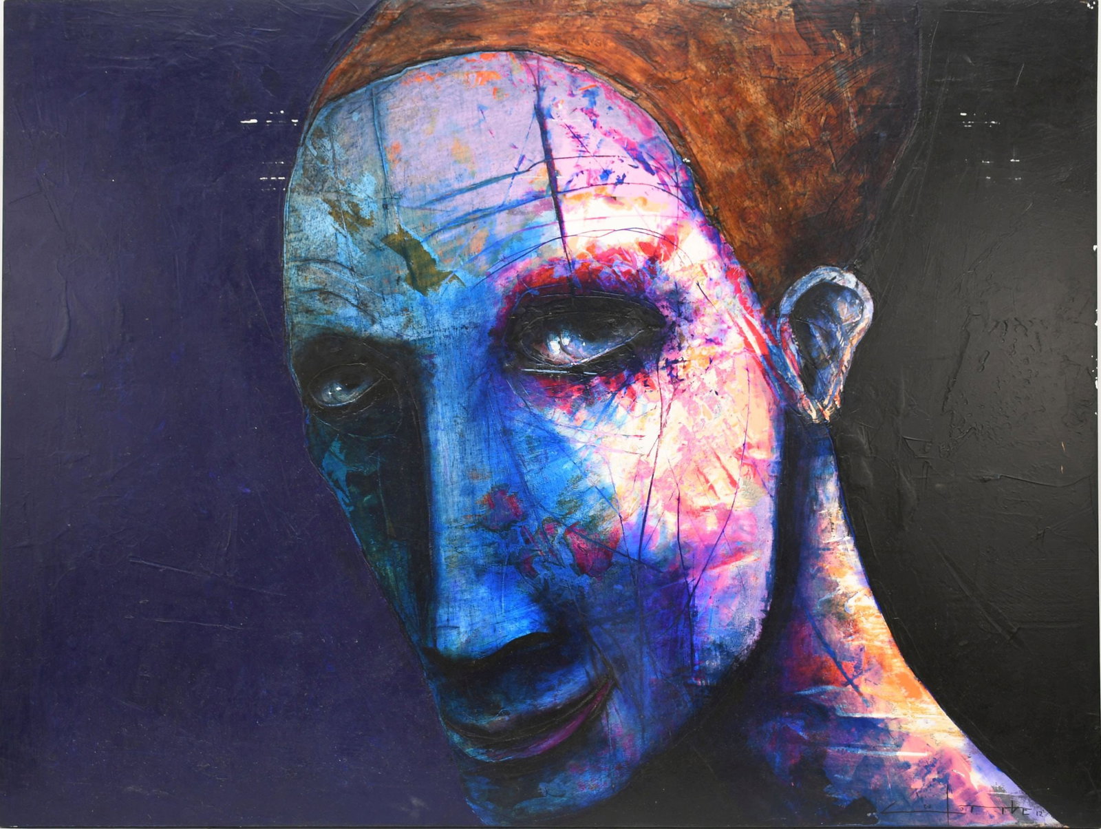 French Contemporary Acrylic Painting on plywood Of Woman signed illegibly lower right Dated "12": French Contemporary Acrylic Painting on plywood Of Woman signed illegibly lower right Dated "12" Size 30" x 40" Marked on back "Dans La Nuit Ellle me regarde" "#25062" La nuit, meaning night or dark(n