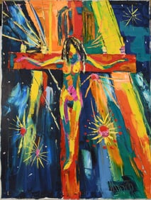 Peter D'Amico (American 20th Century) Thick Impasto on canvas Colorful crucifix unframed Signed