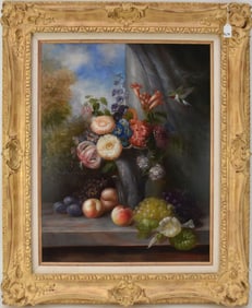 20th Century Still life, fruit and Flowers, oil on canvas, signed Schroter, 30" x 24" canvas, 40" x