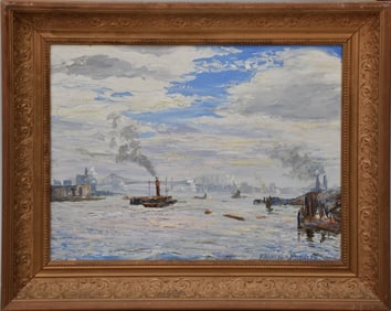 William Francis Vandeveer Kughler (AMERICAN, 1901–1970) oil on board, Dock Scene, Governor's