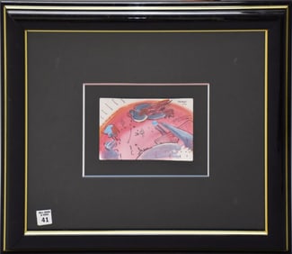 Peter Max Original Watercolor Painting. Abstract birds & sun, sight size 4 1/2 x 6 1/2, signed top