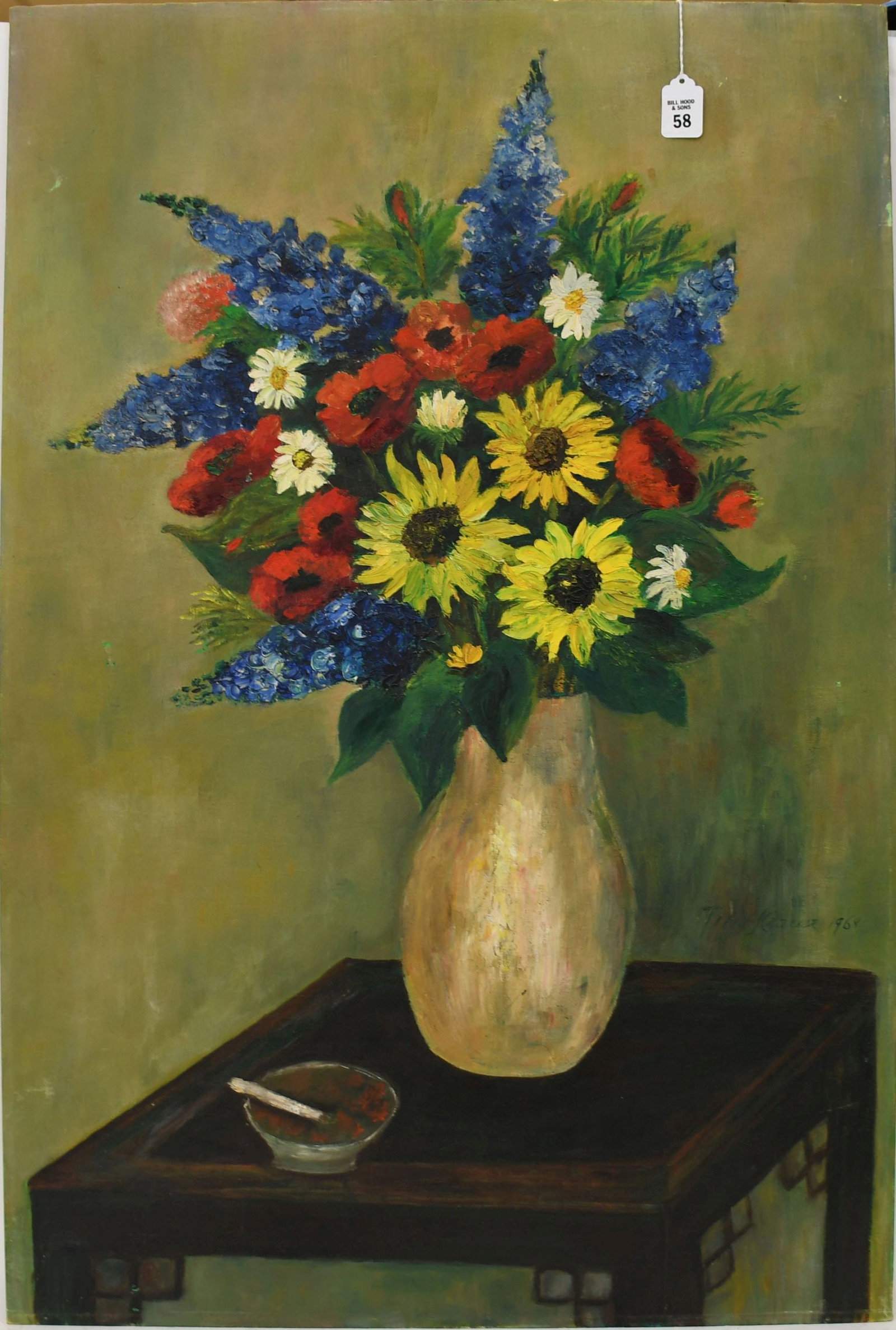 Tina Krause, 1968 Oil on Artist Board, still life Flowers, Stamp on verso Halsey & Griffith: Tina Krause, 1968 Oil on Artist Board, still life Flowers, Stamp on verso Halsey & Griffith Incorporated, Unframed, size 36" x 24"