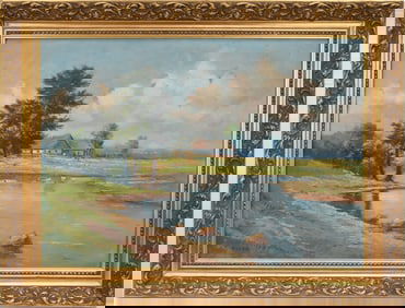 Oil on artist board, landscape with cottage, Signed lower right Bauer, In nice gilt frame Sight 19"
