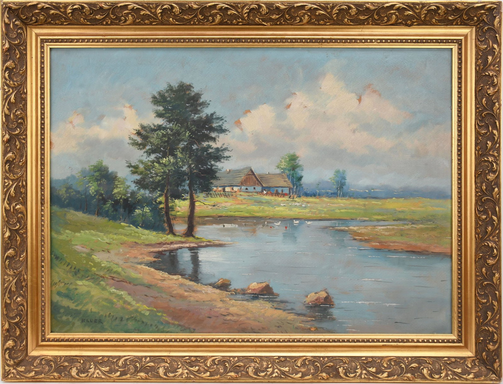 Oil on artist board, landscape with cottage, Signed lower right Bauer, In nice gilt frame Sight 19" (1 of 5)
