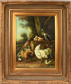 20th century Oil on board, Painting of Birds, Chicken, Pigeons, and chicks. Panel size 16" x 12"