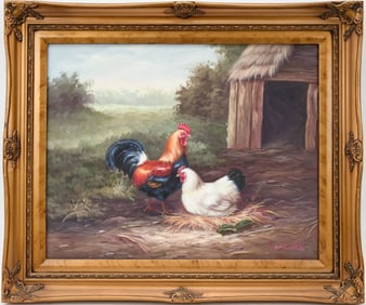 20th century Oil on Canvas, Rooster, Chicken and barn, Signed S. Charles? Lower right, canvas size