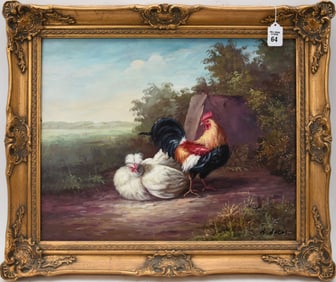 20th century Oil on Canvas, Rooster and Chicken, Signed R. Lucas Lower right, canvas size 16" x 20"