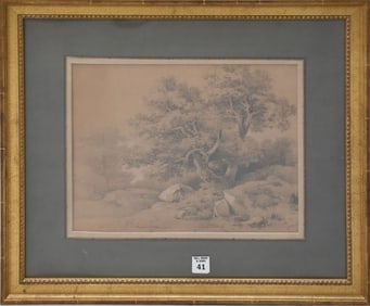Jules Coignet (FRENCH, 1798-1860) graphite on tan paper, landscape with trees and rocks, signed