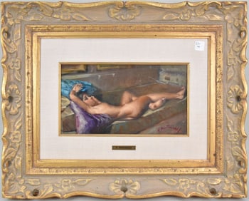 Giacinto Bertonazzi (Italian 20th Century), oil on hard cardboard, signed lower right, Reclining