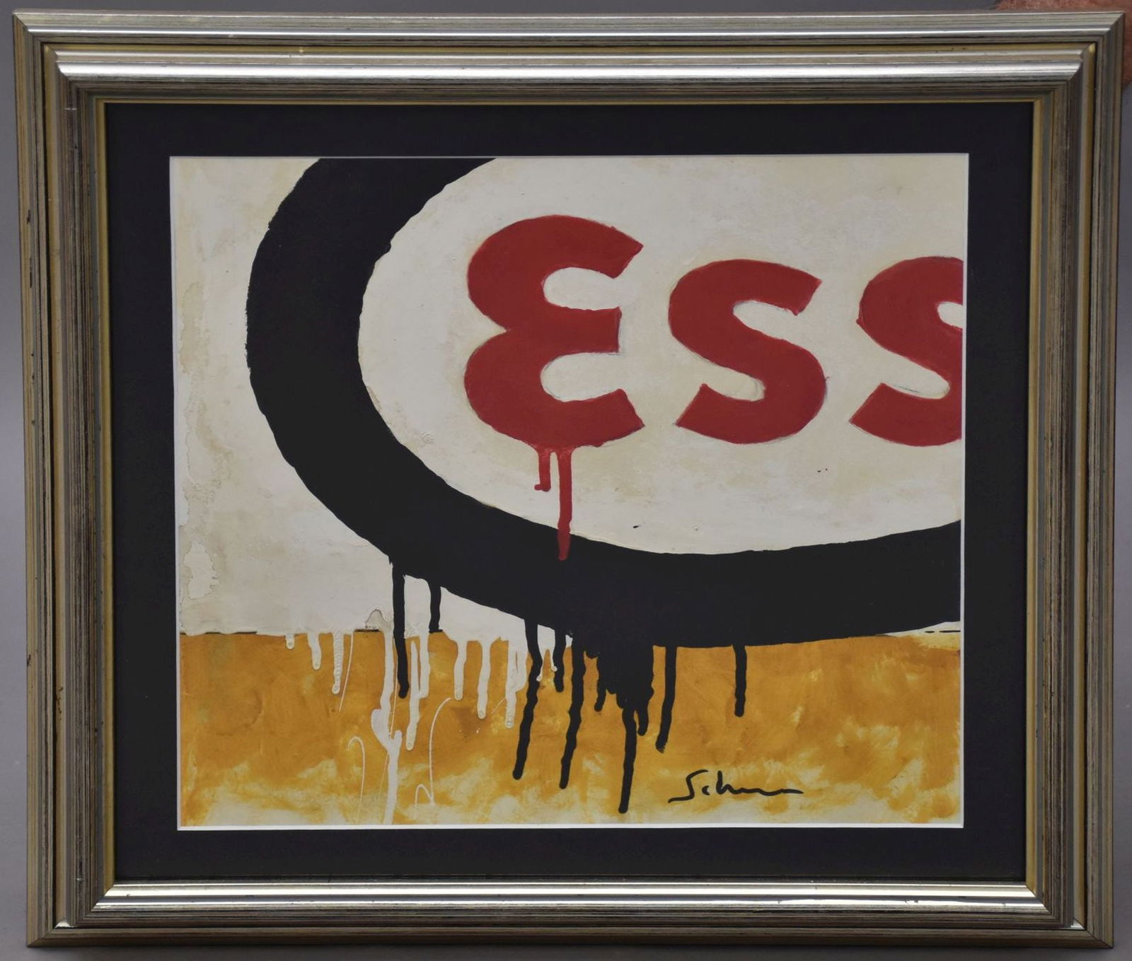 Attributed to Mario Schifano (Italian 1934-1998) “Esso", Acrylic on Paper, Signed, Image Size 13: Attributed to Mario Schifano (Italian 1934-1998) “Esso”, Acrylic on Paper, Signed, Image Size 13 x 13, Framed and Glazed 18 x 18 Inches